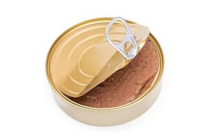 Opened Tin Can with Chicken Liver Pate Isolated on White Background. Open Canned Pate - Isolation photo