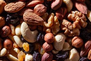 Mixed Nuts. Almonds, Walnuts, Cashews, Peanuts, Hazelnuts, Dried Prunes and Raisins. Different Nut Mix. Background from Various Nuts and Dried Fruits photo