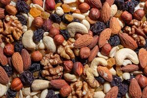 Mixed Nuts. Almonds, Walnuts, Cashews, Peanuts, Hazelnuts, Dried Prunes and Raisins. Different Nut Mix. Background from Various Nuts and Dried Fruits photo