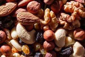 Mixed Nuts. Almonds, Walnuts, Cashews, Peanuts, Hazelnuts, Dried Prunes and Raisins. Different Nut Mix. Background from Various Nuts and Dried Fruits photo