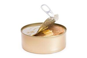Opened Tin Can with Chicken Liver Pate Isolated on White Background. Open Canned Pate - Isolation photo