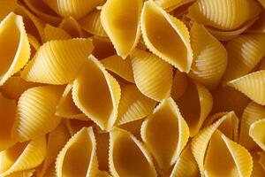 Uncooked Conchiglie Pasta. A Culinary Canvas of Conchiglie Macaroni, Creating a Lively and Textured Background for Gourmet Cooking. Dry Pasta. Raw Macaroni - Top View, Flat Lay photo