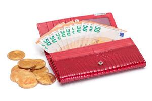 Opened Red Women Purse with 50 Euro Banknotes Inside and Bitcoin Coins - Isolated on White Background. A Wallet Full of Money Symbolizing Wealth, Success, Shopping and Social Status - Isolation photo