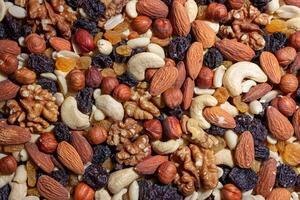 Mixed Nuts. Almonds, Walnuts, Cashews, Peanuts, Hazelnuts, Dried Prunes and Raisins. Different Nut Mix. Background from Various Nuts and Dried Fruits photo