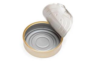 Opened Empty Tin Can Isolated on White Background. Clean Used Aluminum Can - Isolation. Non-Degradable Inorganic Waste photo
