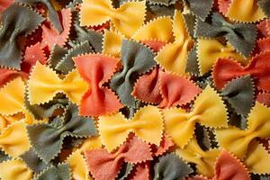 Uncooked Vibrant Colored Farfalle Pasta. A Culinary Canvas of Multicolored Bow-Tie Macaroni, Creating a Lively and Textured Background for Gourmet Cooking Enthusiasts. Colored Dry Pasta. Raw Macaroni photo
