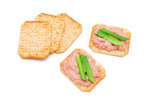Crispy Salted Cracker with Liver Pate and Green Onions - Isolated on White. Easy Snack - Isolation photo