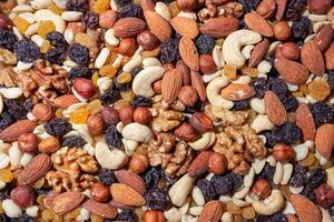 Mixed Nuts. Almonds, Walnuts, Cashews, Peanuts, Hazelnuts, Dried Prunes and Raisins. Different Nut Mix. Background from Various Nuts and Dried Fruits photo