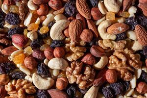Mixed Nuts. Almonds, Walnuts, Cashews, Peanuts, Hazelnuts, Dried Prunes and Raisins. Different Nut Mix. Background from Various Nuts and Dried Fruits photo