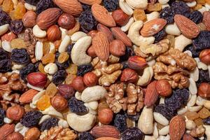Mixed Nuts. Almonds, Walnuts, Cashews, Peanuts, Hazelnuts, Dried Prunes and Raisins. Different Nut Mix. Background from Various Nuts and Dried Fruits photo