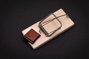Temptation by Sweets or Chocolate Addiction - Sweet Wedge of Milk Chocolate in Wooden Mousetrap on Black Background photo