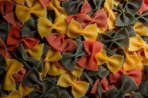 Uncooked Vibrant Colored Farfalle Pasta. A Culinary Canvas of Multicolored Bow-Tie Macaroni, Creating a Lively and Textured Background for Gourmet Cooking Enthusiasts. Colored Dry Pasta. Raw Macaroni photo