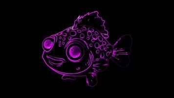 Neon frame effect, Pufferfish cute pufferfish with big eyes on black background video