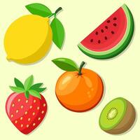 Flat Fruit Set Featuring Strawberry Kiwi Mandarin Watermelon and Lemon vector