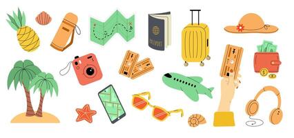 Set of travel elements. Tourism and summer vacation. Passport, airplane, ticket, suitcase, map, wallet, camera, palm tree. Flat illustration vector