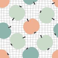 Groovy style apples seamless pattern on grid distorted background. Hippie aesthetic print for fabric, paper, textile. Hand drawn geometric illustration. vector