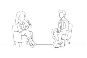 Continuous single-line art drawing of host talking to Celebrity. Motivational speaker concept line art background. vector