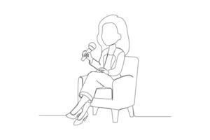 Female podcast holding microphone and talking one-line art drawing. Motivational speaker concept line art background. vector