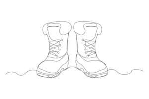 Continuous line art drawing of boots. Minimalist hiking boots continuous outline . vector
