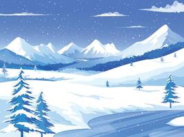 Winter Landscape with Mountains on the Background, Snowy Riverside Scenery vector