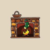 Socks are hung in the fireplace with a chocolate basket on top for Christmas decorations illustration design isolated in cream background vector