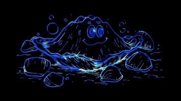 Neon frame effect, clam with shell on black background video