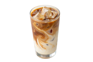 Close up of a refreshing iced coffee with creamy swirls in a clear glass png