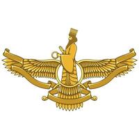 Zoroastrian winged solar disk with ribbon, holy man vector