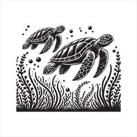 Marine Life Graphic in Monochrome Underwater Scene Artwork vector