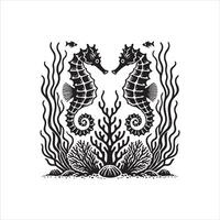 Underwater Scene Graphic in Monochrome Marine Life Art vector