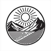 Geometric mountain scene With Sun illustration in black and white vector