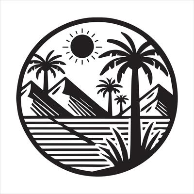 Geometric mountain scene With Sun illustration in black and white