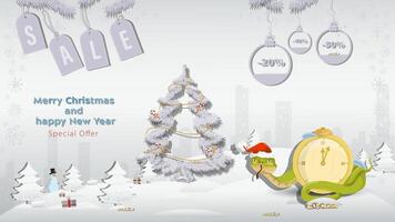 Special Offer Christmas and New Years Sale A snake in a Santa Claus hat wraps around a clock next to a fir tree in a winter snowy forest vector