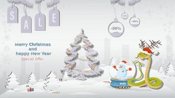 Special Offer Christmas and New Years Sale A snake in a Santa Claus hat with a glass ball next to a fir tree in a winter snowy forest vector