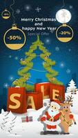 Special offer Sale inscription in the form of large packages standing in a snowy clearing Santa Claus and a deer hugging vector