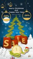 Special offer Sale inscription in the form of large packages standing in a snowy clearing A snake in a Santa Claus hat wraps around the clock vector