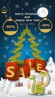 Special offer Sale inscription in the form of large packages standing in a snowy clearing A snake wraps around a glass with a drink vector