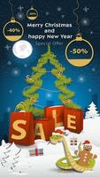 Special offer Sale inscription in the form of large packages standing in a snowy clearing A snake wraps around a gingerbread man vector