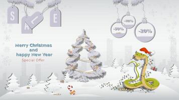 Special offer Christmas and New Years Sale A snake in a Santa Claus hat wrapped in a garland with a fir tree in a winter snowy forest vector