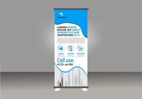A Roll up banner stand with a blue and white design vector