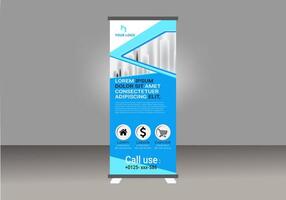 A Roll up banner stand with a blue and white design vector