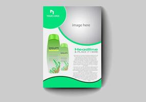 a green brochure template with two bottles of shampoo vector