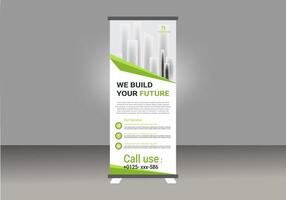 A Roll up banner stand with a blue and white design vector