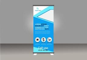 A Roll up banner stand with a blue and white design vector