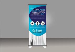 A Roll up banner stand with a blue and white design vector