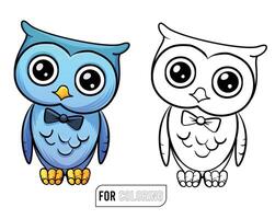 A simple and cute illustration of an owl wearing a bowtie. The owl has large, round eyes and a friendly expression. This design is perfect for coloring books or children's activities. vector