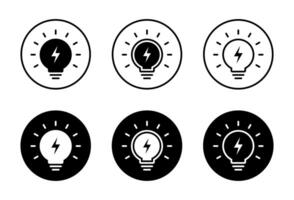 Light bulb with lightning icon set collection on black circle. Power, lamp with thunderbolt sign symbol vector