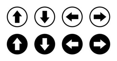 Up, down, left, and right arrow icon on black circle. Upward, downward, leftward, and rightward sign symbol vector