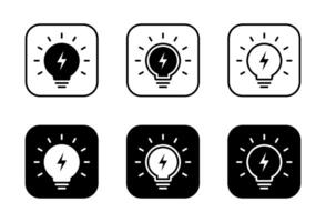 Light bulb with lightning icon set collection on black square. Power, lamp with thunderbolt sign symbol vector