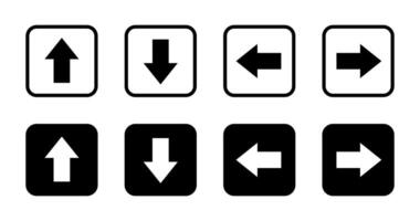 Up, down, left, and right arrow icon set on black square. Upward, downward, leftward, and rightward sign symbol vector